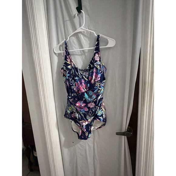 Maxine Of Hollywood Blue Floral One Piece Swimsuit Shirred Surplice Front Sz 8 - Picture 1 of 8